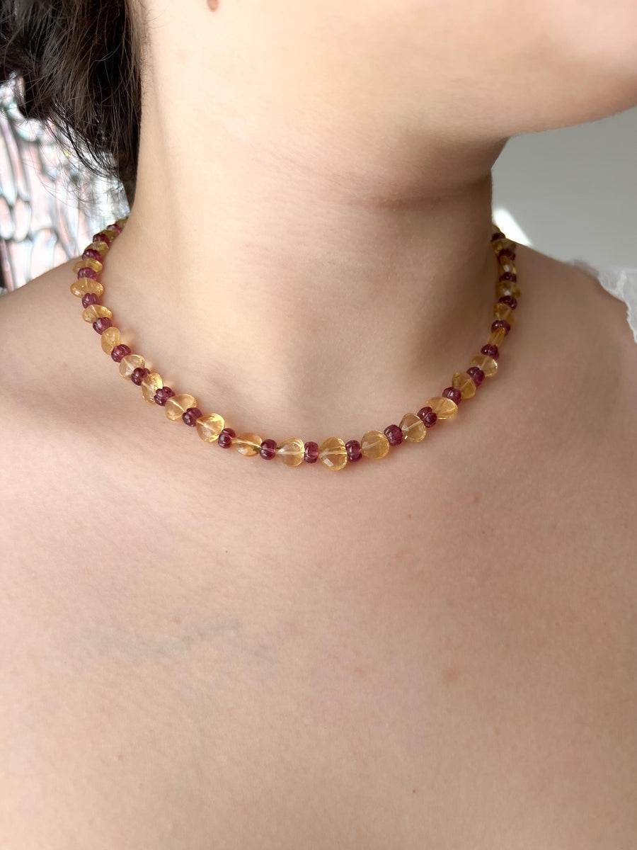 Citrine Heart & Carved Rhodolite Necklace: Boho Gemstone Jewelry