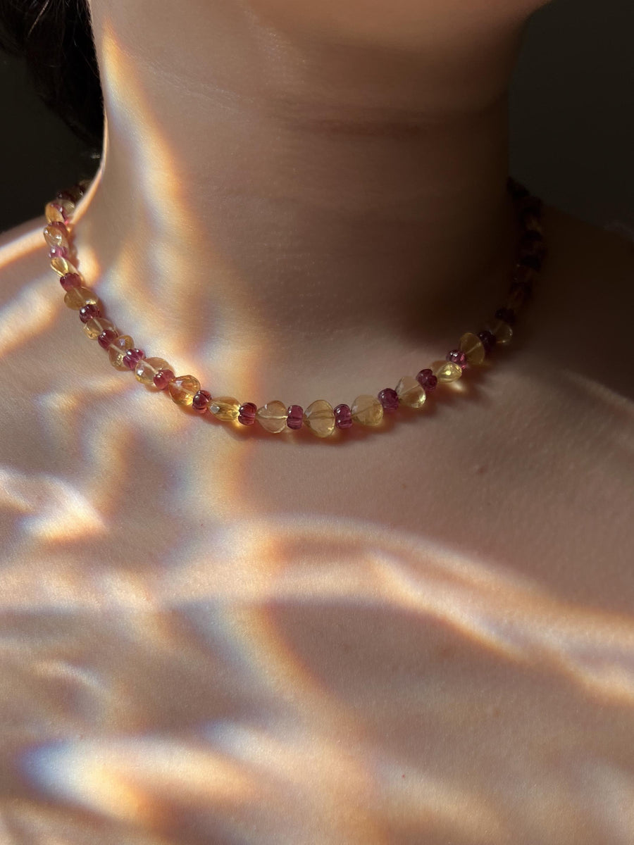Citrine Heart & Carved Rhodolite Necklace: Boho Gemstone Jewelry