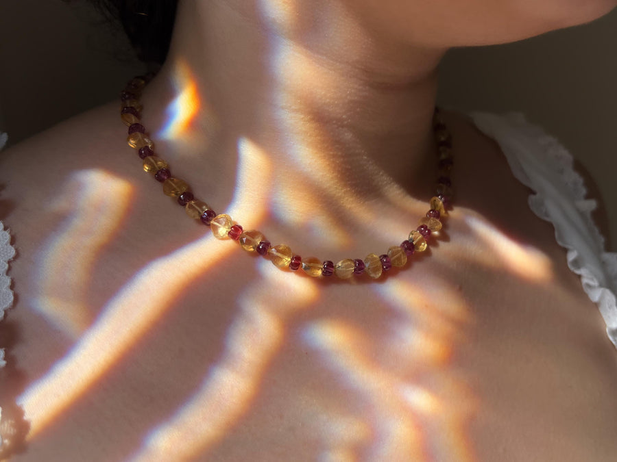 Citrine Heart & Carved Rhodolite Necklace: Boho Gemstone Jewelry