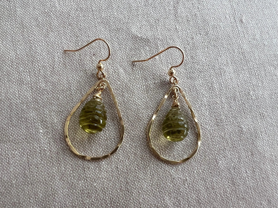 Lemon Quartz Beehive Teardrop Earrings, Carved Gemstones, Boho Gemstone Jewelry