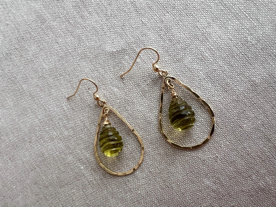 Lemon Quartz Beehive Teardrop Earrings, Carved Gemstones, Boho Gemstone Jewelry