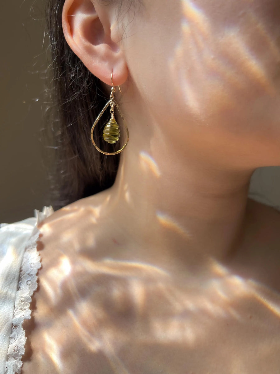 Lemon Quartz Beehive Teardrop Earrings, Carved Gemstones, Boho Gemstone Jewelry