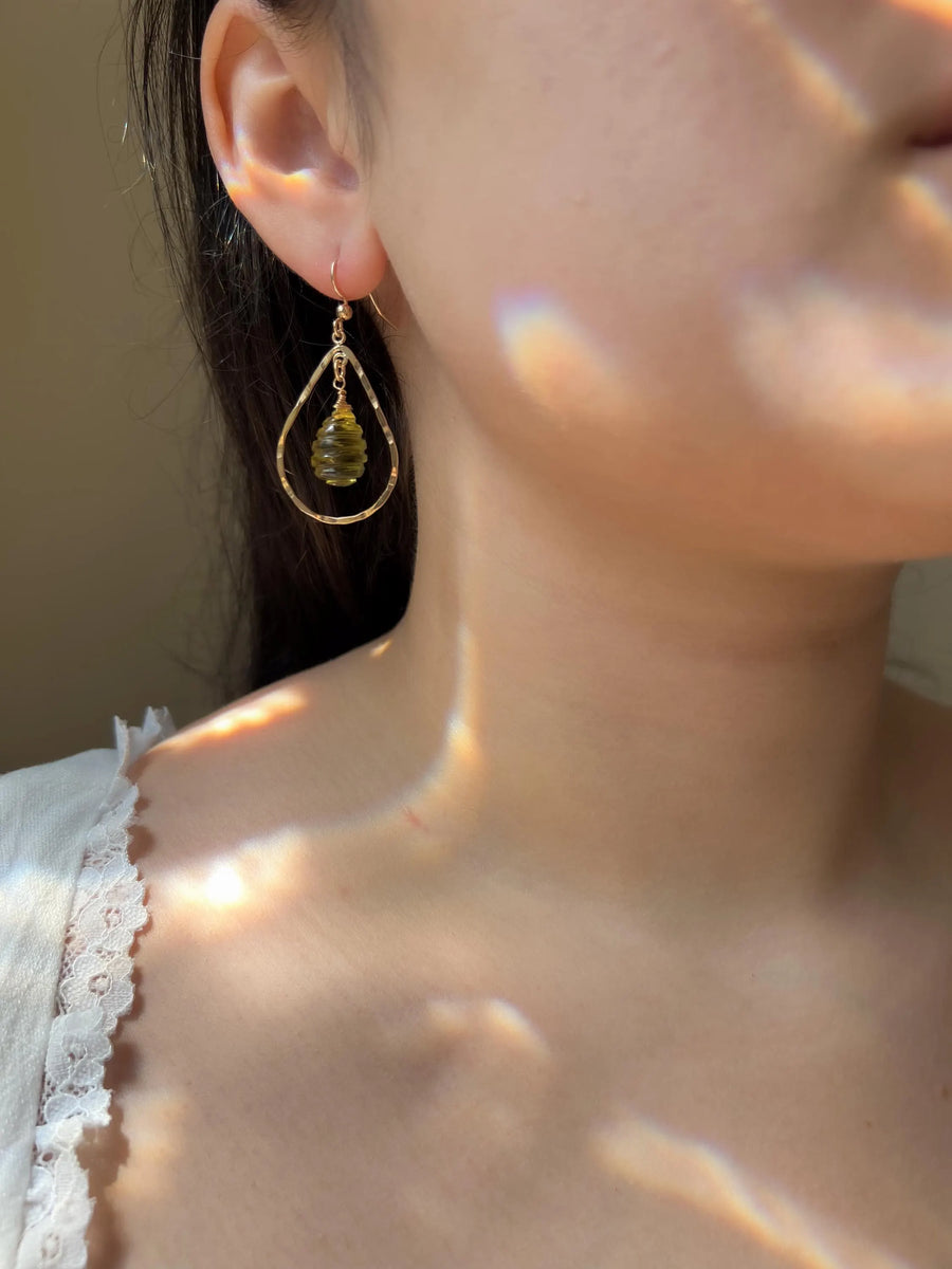 Lemon Quartz Beehive Teardrop Earrings, Carved Gemstones, Boho Gemstone Jewelry
