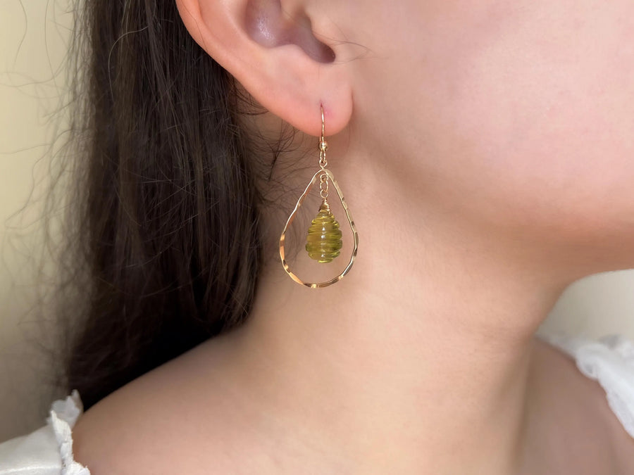 Lemon Quartz Beehive Teardrop Earrings, Carved Gemstones, Boho Gemstone Jewelry