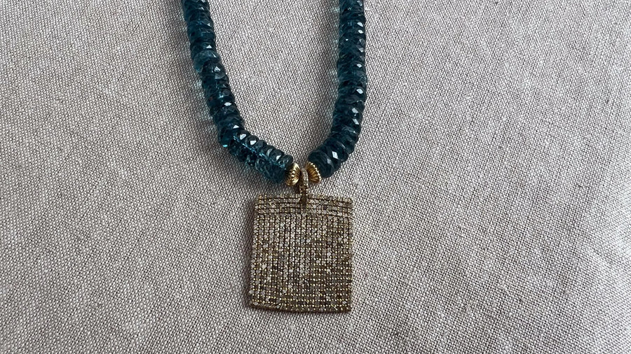 London Blue Topaz Necklace, Pave Diamond Square Pendant, Boho Gemstone Jewelry