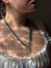 London Blue Topaz Necklace, Pave Diamond Square Pendant, Boho Gemstone Jewelry