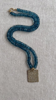 London Blue Topaz Necklace, Pave Diamond Square Pendant, Boho Gemstone Jewelry