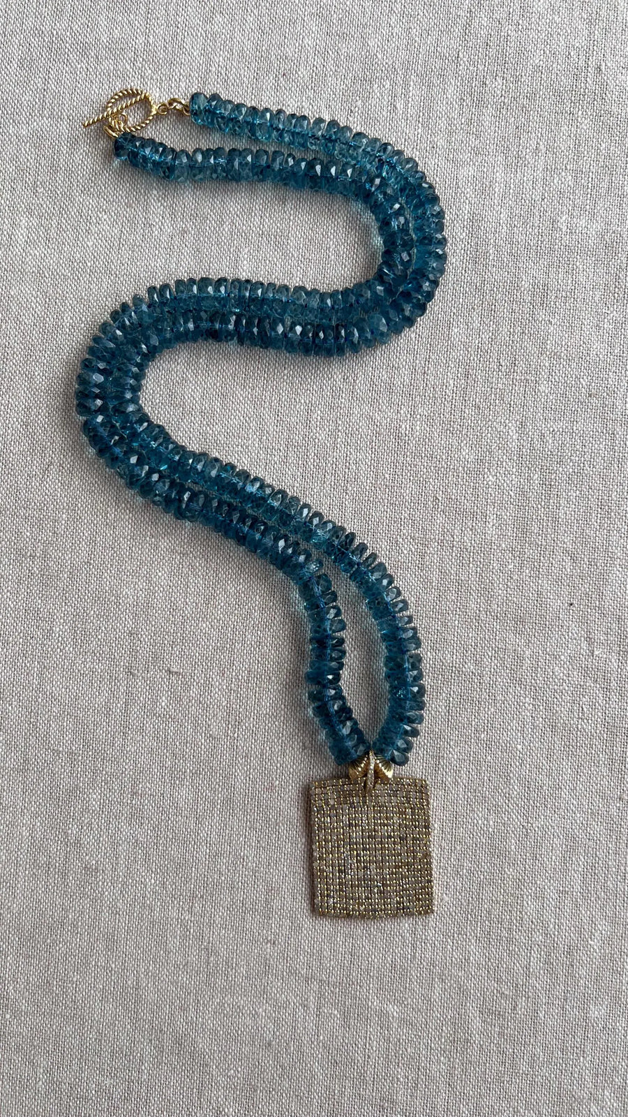 London Blue Topaz Necklace, Pave Diamond Square Pendant, Boho Gemstone Jewelry