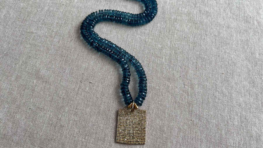 London Blue Topaz Necklace, Pave Diamond Square Pendant, Boho Gemstone Jewelry