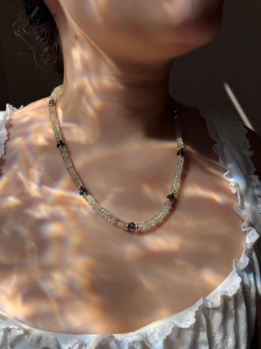 Prasiolite Heishi Necklace, London Blue Topaz Accents, Boho Gemstone Jewelry