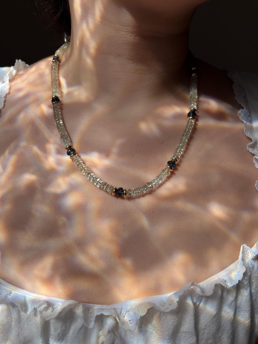 Prasiolite Heishi Necklace, London Blue Topaz Accents, Boho Gemstone Jewelry