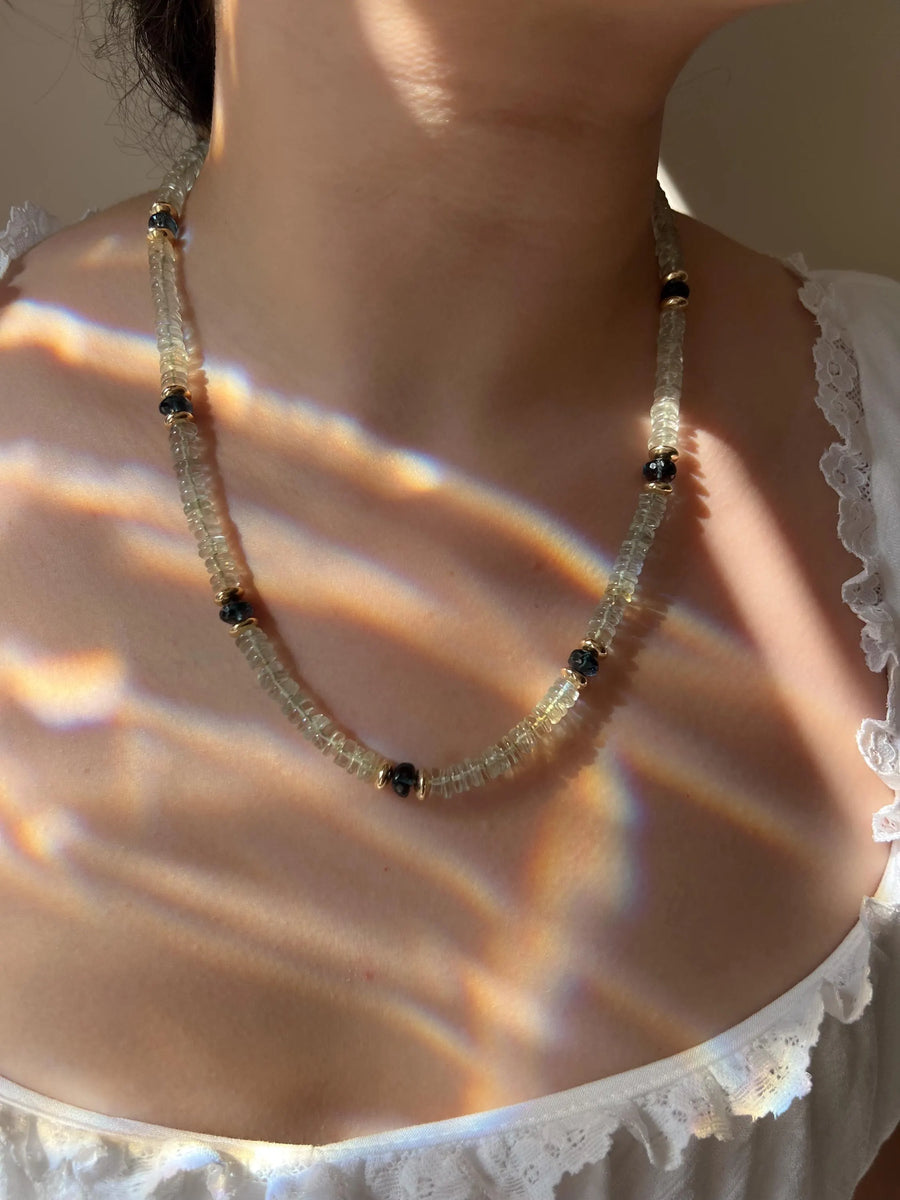 Prasiolite Heishi Necklace, London Blue Topaz Accents, Boho Gemstone Jewelry