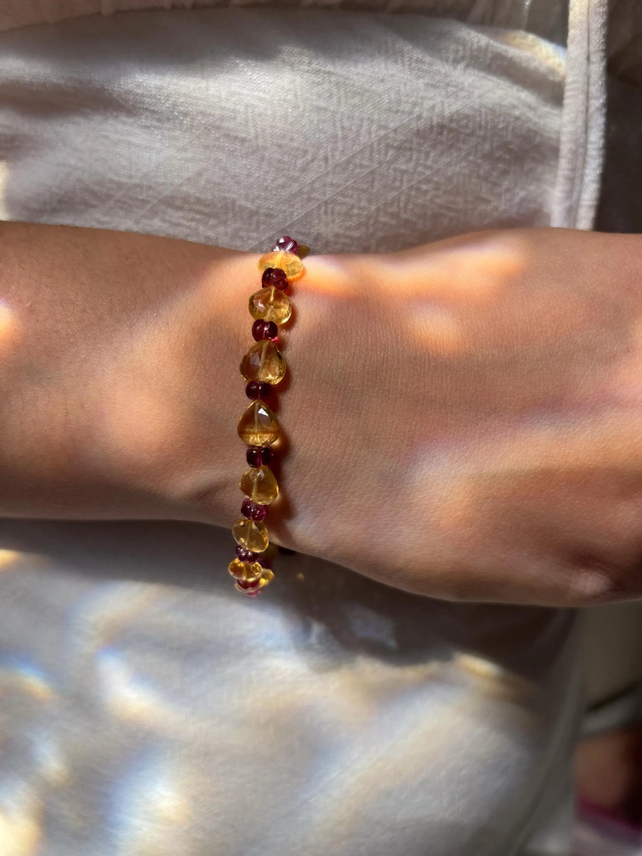 Citrine Hearts Bracelet: Carved Rhodolite Accents, Boho Gemstone Jewelry
