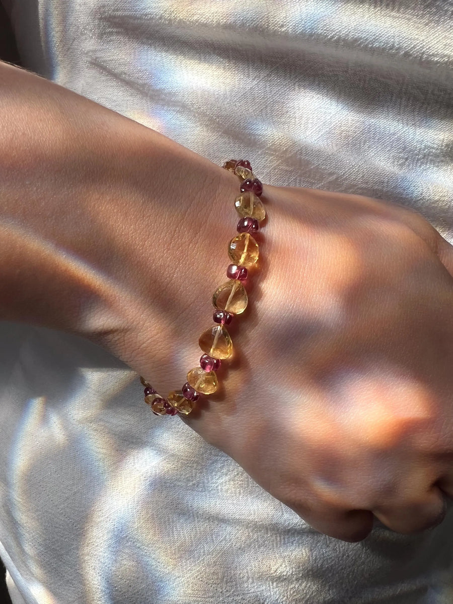 Citrine Hearts Bracelet: Carved Rhodolite Accents, Boho Gemstone Jewelry