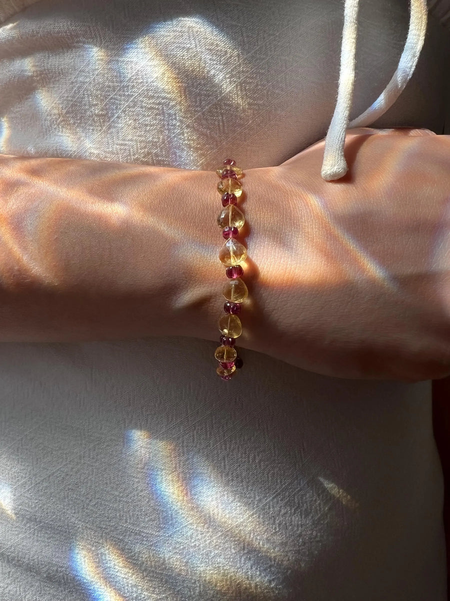 Citrine Hearts Bracelet: Carved Rhodolite Accents, Boho Gemstone Jewelry