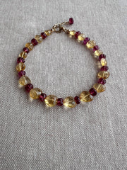 Citrine Hearts Bracelet: Carved Rhodolite Accents, Boho Gemstone Jewelry