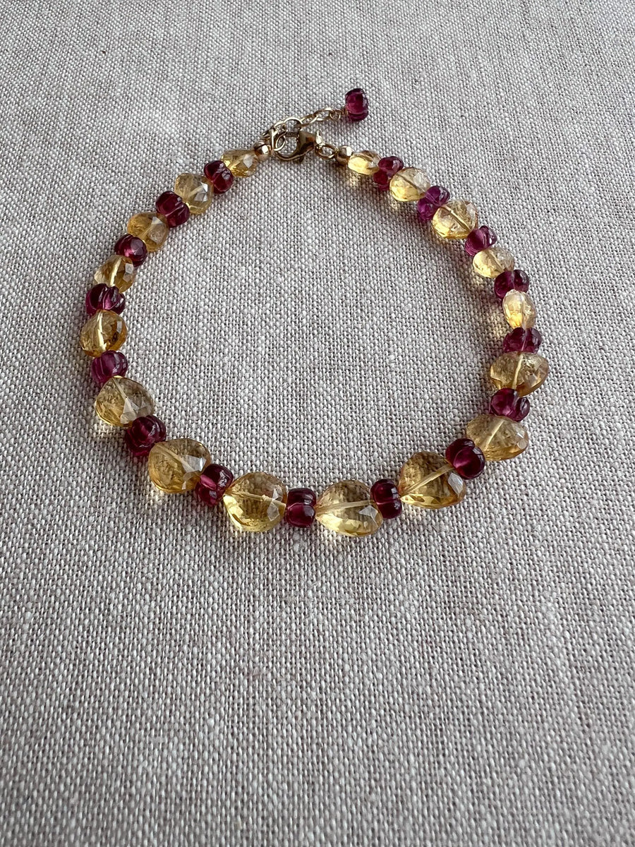 Citrine Hearts Bracelet: Carved Rhodolite Accents, Boho Gemstone Jewelry