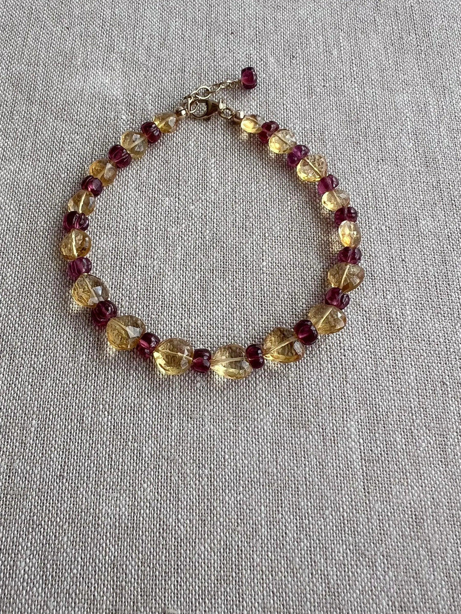 Citrine Hearts Bracelet: Carved Rhodolite Accents, Boho Gemstone Jewelry