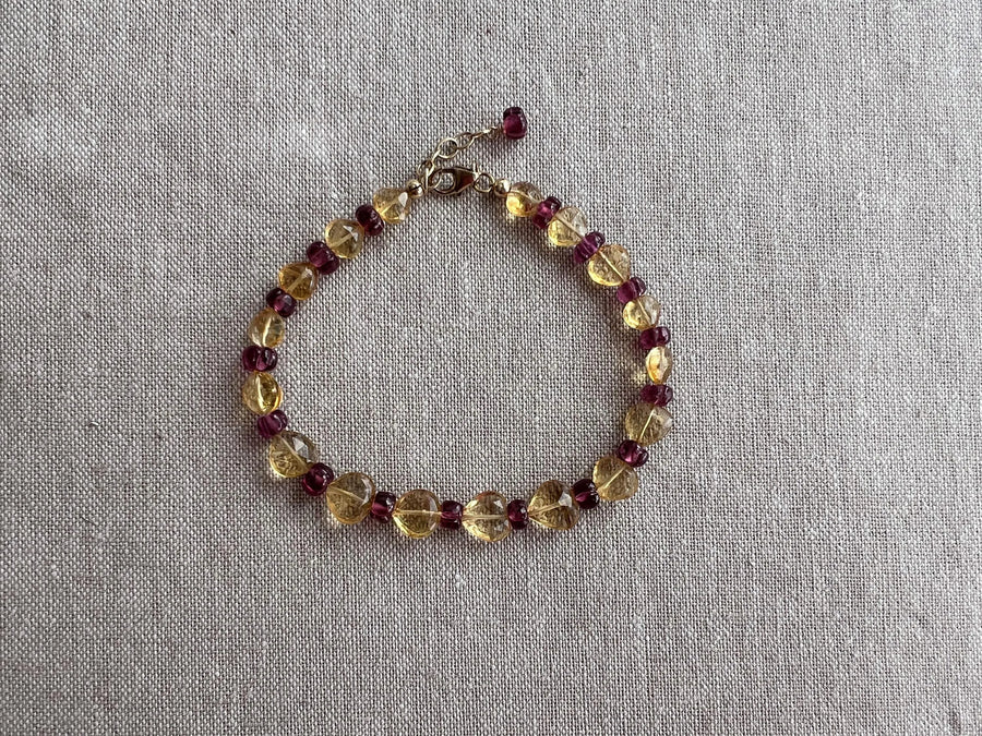 Citrine Hearts Bracelet: Carved Rhodolite Accents, Boho Gemstone Jewelry