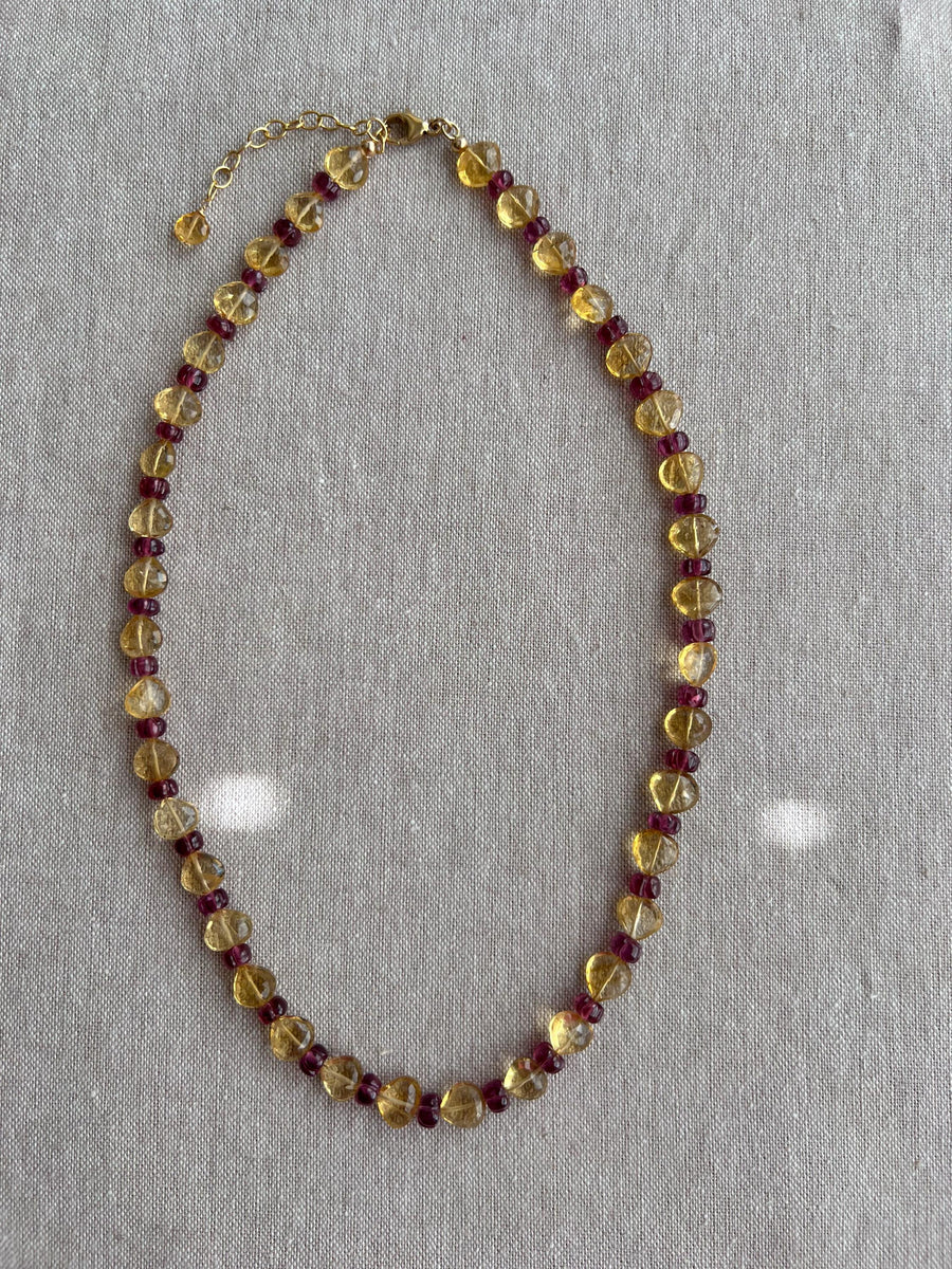 Citrine Heart & Carved Rhodolite Necklace: Boho Gemstone Jewelry