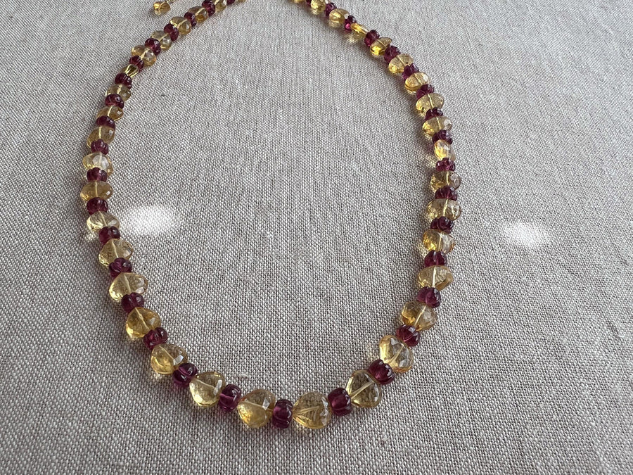 Citrine Heart & Carved Rhodolite Necklace: Boho Gemstone Jewelry