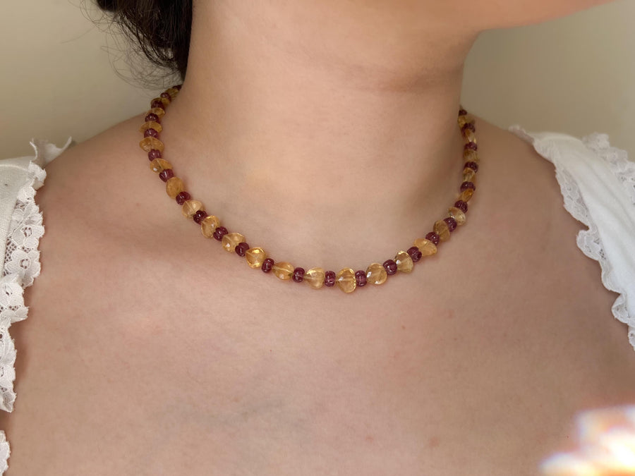 Citrine Heart & Carved Rhodolite Necklace: Boho Gemstone Jewelry