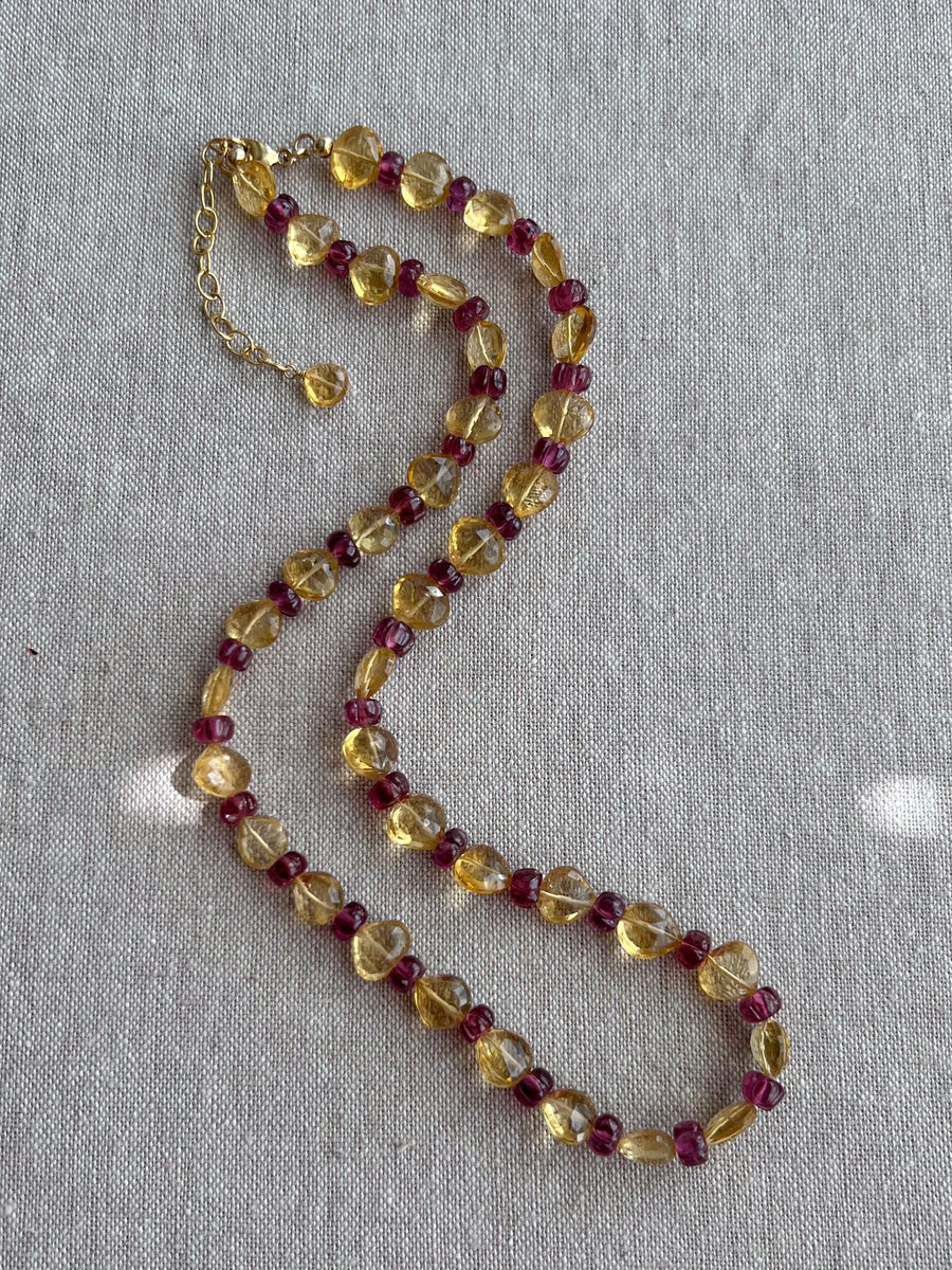 Citrine Heart & Carved Rhodolite Necklace: Boho Gemstone Jewelry