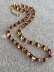 Citrine Heart & Carved Rhodolite Necklace: Boho Gemstone Jewelry