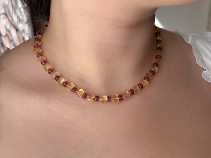 Citrine Heart & Carved Rhodolite Necklace: Boho Gemstone Jewelry