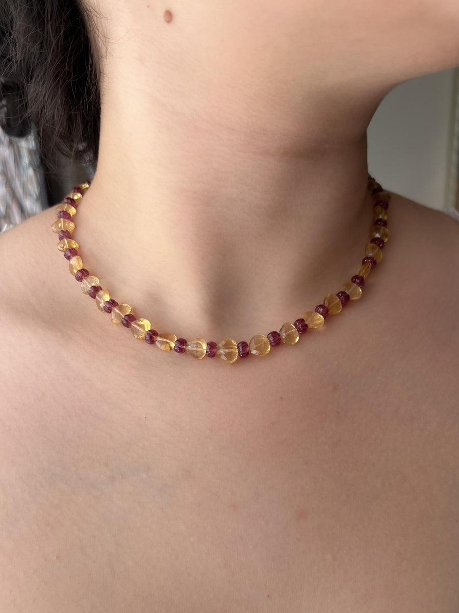 Citrine Heart & Carved Rhodolite Necklace: Boho Gemstone Jewelry