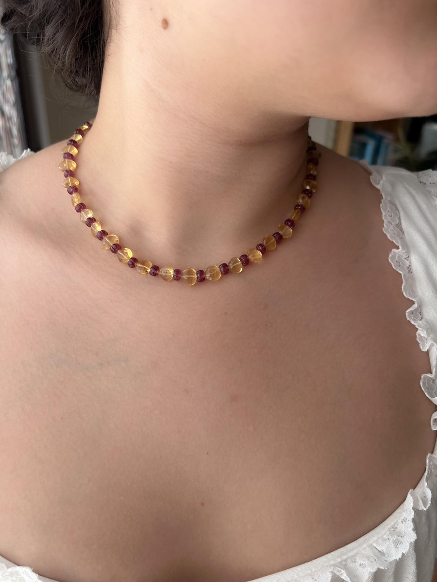 Citrine Heart & Carved Rhodolite Necklace: Boho Gemstone Jewelry