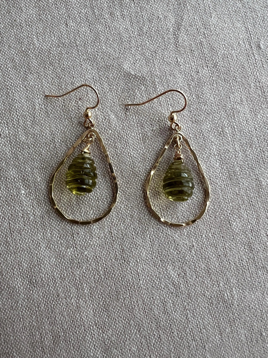 Lemon Quartz Beehive Teardrop Earrings, Carved Gemstones, Boho Gemstone Jewelry