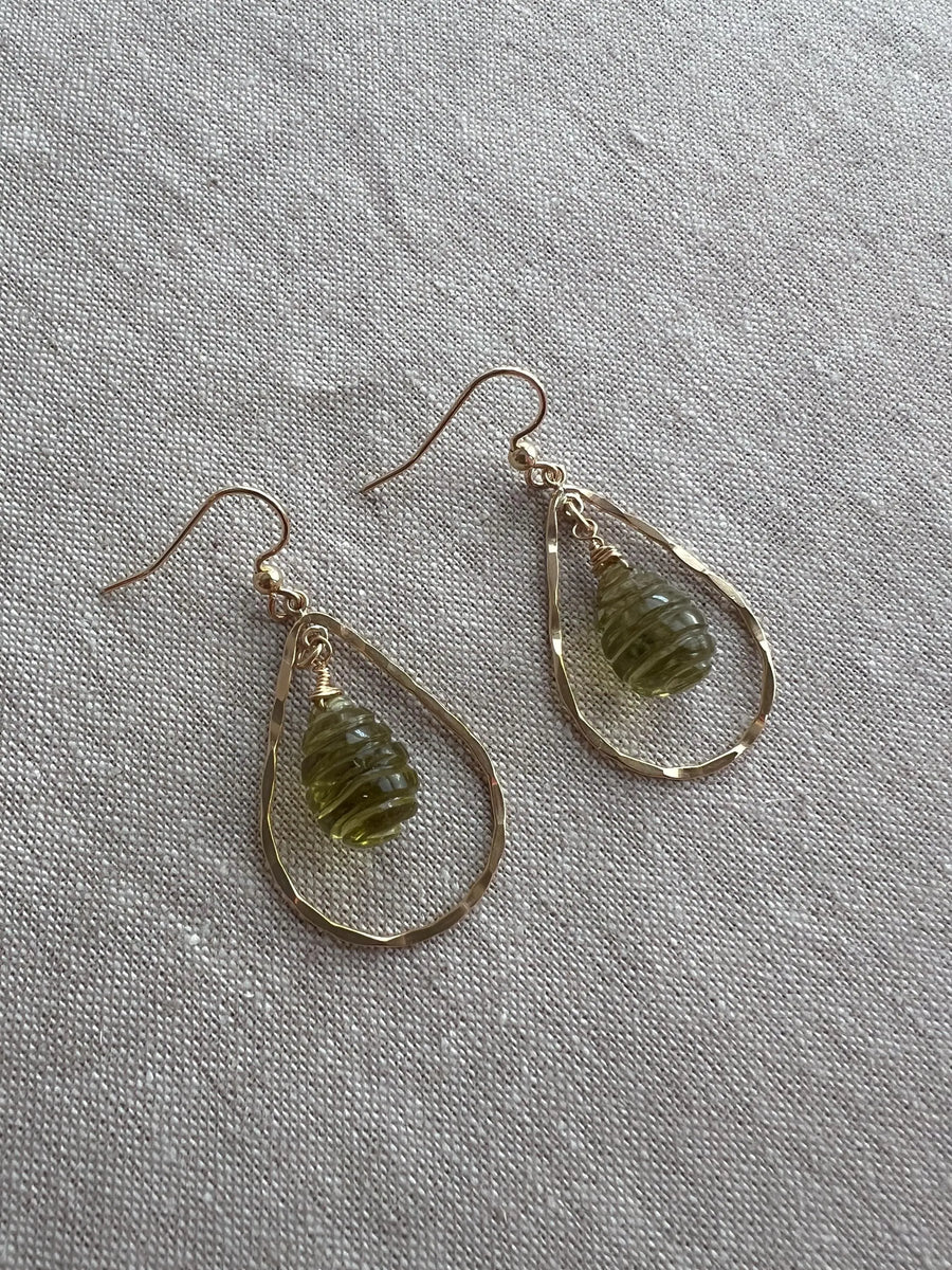 Lemon Quartz Beehive Teardrop Earrings, Carved Gemstones, Boho Gemstone Jewelry