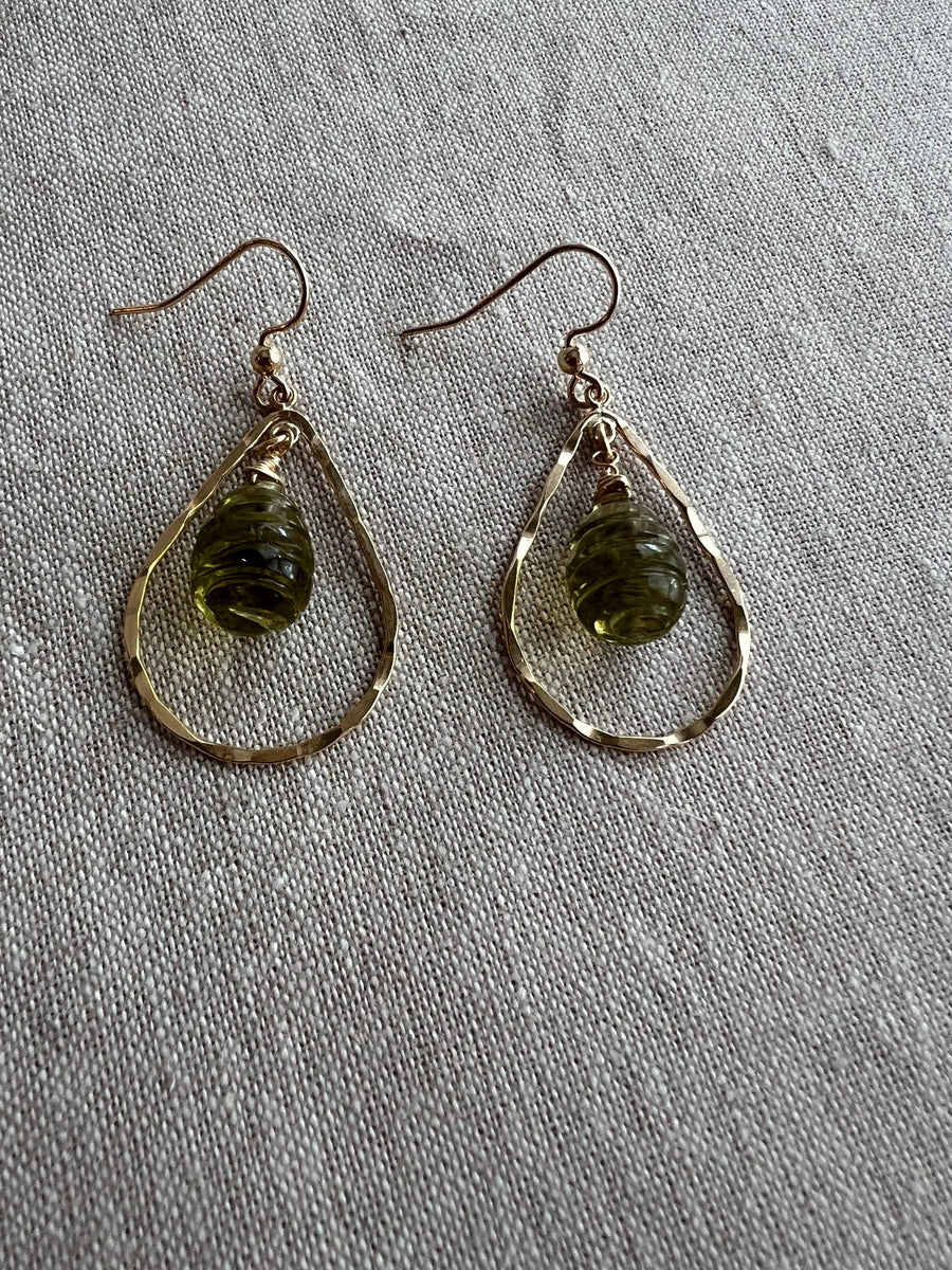 Lemon Quartz Beehive Teardrop Earrings, Carved Gemstones, Boho Gemstone Jewelry