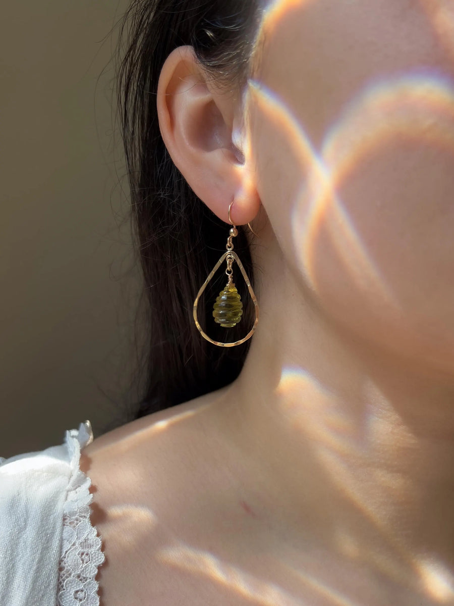 Lemon Quartz Beehive Teardrop Earrings, Carved Gemstones, Boho Gemstone Jewelry