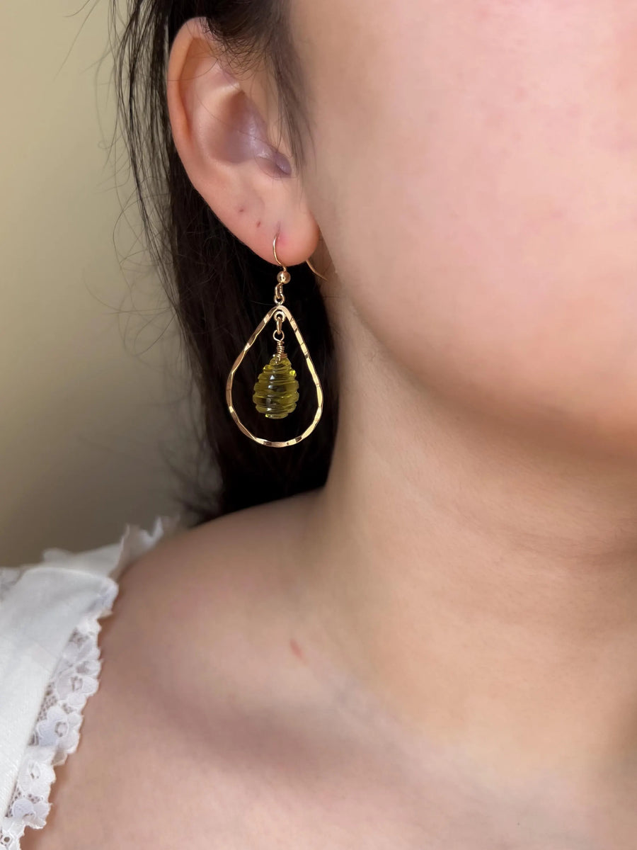 Lemon Quartz Beehive Teardrop Earrings, Carved Gemstones, Boho Gemstone Jewelry