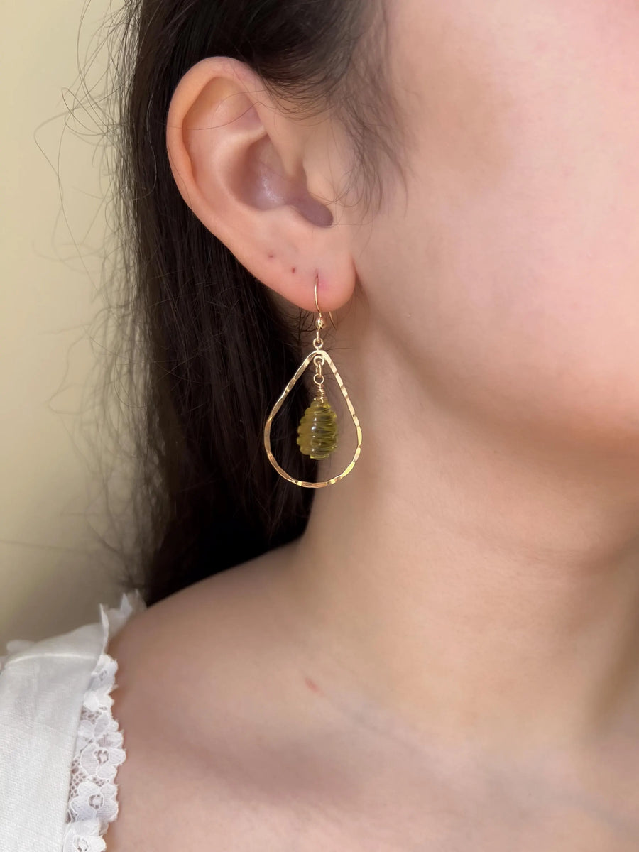 Lemon Quartz Beehive Teardrop Earrings, Carved Gemstones, Boho Gemstone Jewelry
