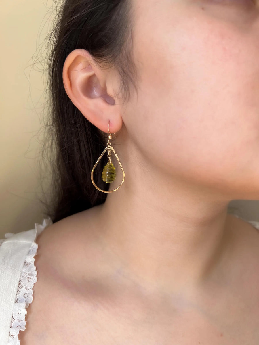 Lemon Quartz Beehive Teardrop Earrings, Carved Gemstones, Boho Gemstone Jewelry