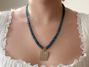 London Blue Topaz Necklace, Pave Diamond Square Pendant, Boho Gemstone Jewelry