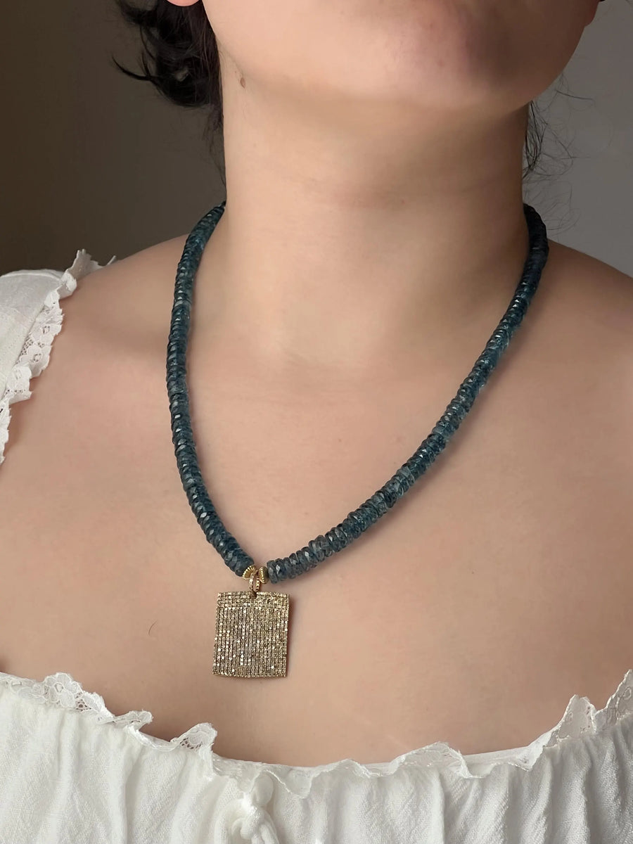 London Blue Topaz Necklace, Pave Diamond Square Pendant, Boho Gemstone Jewelry