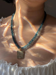 London Blue Topaz Necklace, Pave Diamond Square Pendant, Boho Gemstone Jewelry