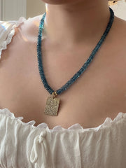 London Blue Topaz Necklace, Pave Diamond Square Pendant, Boho Gemstone Jewelry