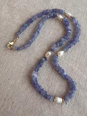 Tanzanite Chips Necklace, Freshwater Pearl Stations, Boho Gemstone Jewelry