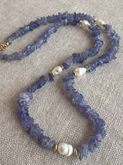 Tanzanite Chips Necklace, Freshwater Pearl Stations, Boho Gemstone Jewelry