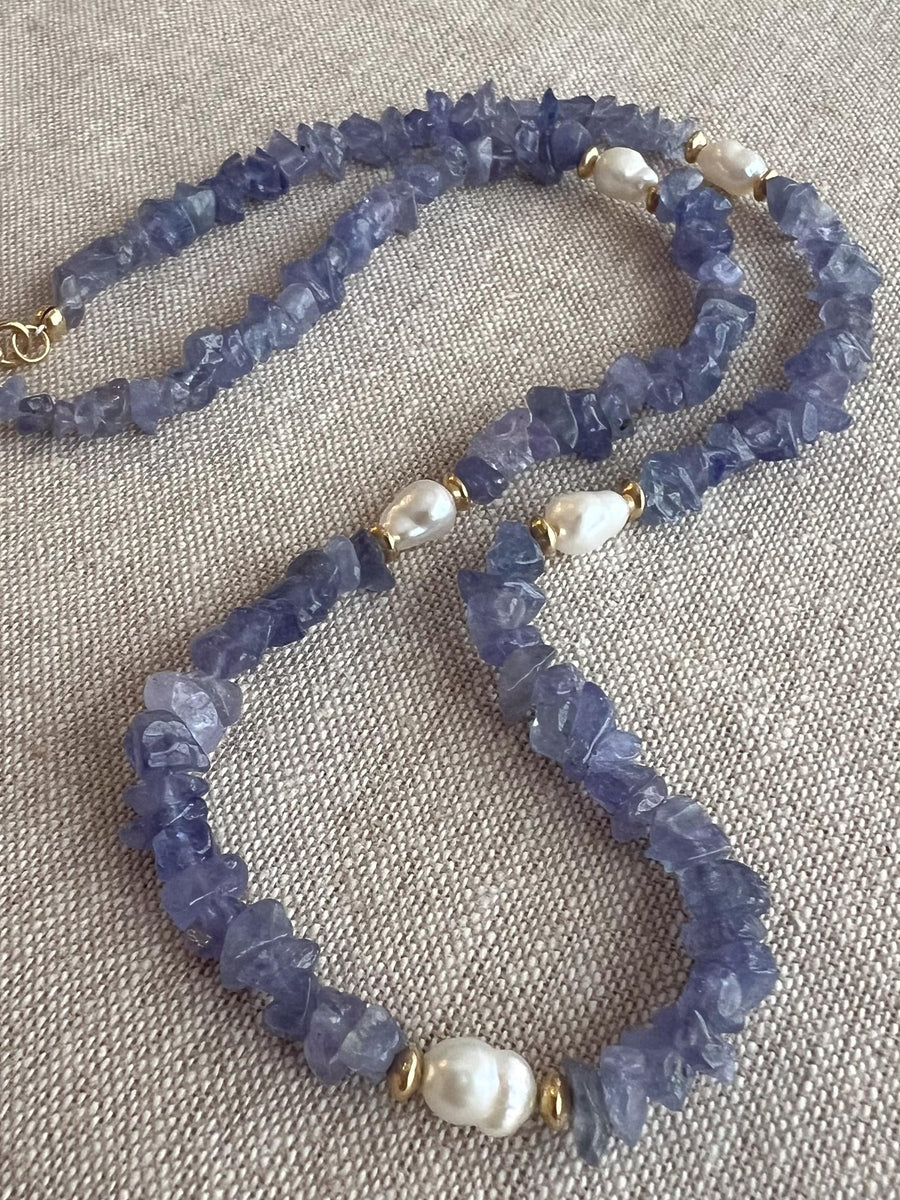 Tanzanite Chips Necklace, Freshwater Pearl Stations, Boho Gemstone Jewelry