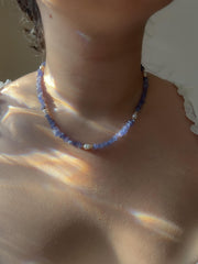 Tanzanite Chips Necklace, Freshwater Pearl Stations, Boho Gemstone Jewelry