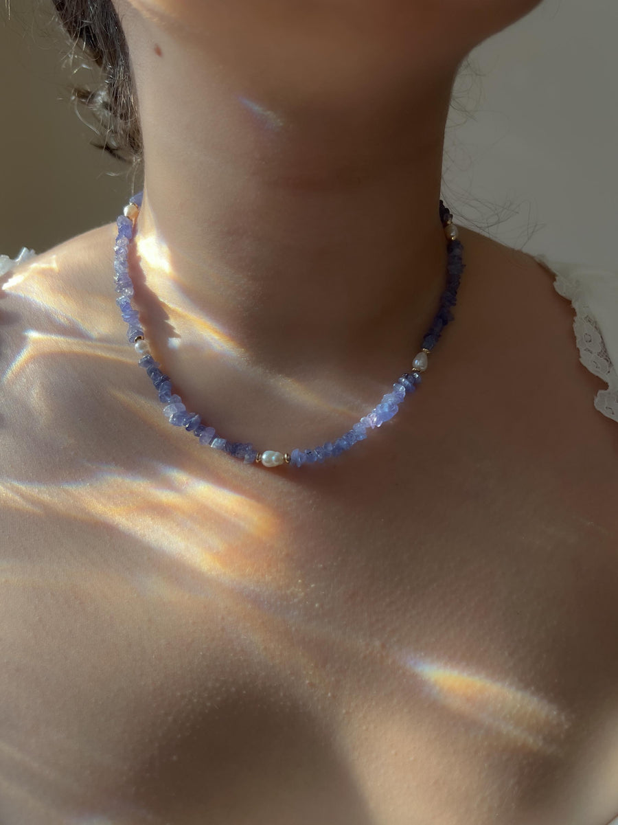 Tanzanite Chips Necklace, Freshwater Pearl Stations, Boho Gemstone Jewelry