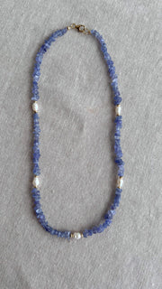 Tanzanite Chips Necklace, Freshwater Pearl Stations, Boho Gemstone Jewelry
