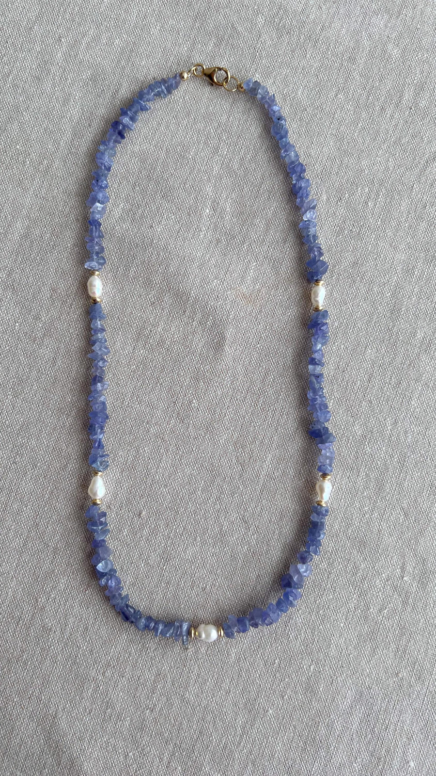 Tanzanite Chips Necklace, Freshwater Pearl Stations, Boho Gemstone Jewelry