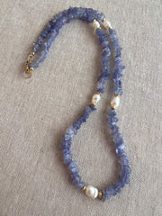 Tanzanite Chips Necklace, Freshwater Pearl Stations, Boho Gemstone Jewelry
